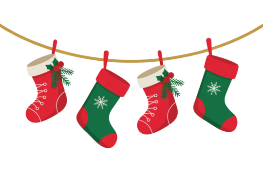 Four Christmas stockings hang on a line, adorned with holly and snowflakes. background removed
