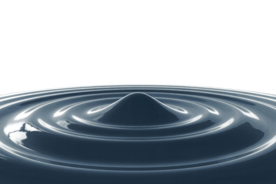 Abstract 3D rendering of a dark blue liquid drop creating concentric ripples on a transparent background. background removed