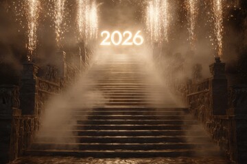 Staircase leading up to glowing 2026 in minimalist motivational concept