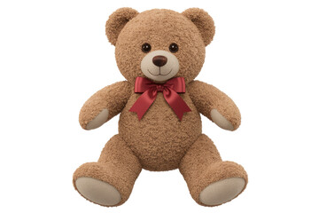 Adorable brown teddy bear with a red bow, sitting on a transparent background. background removed