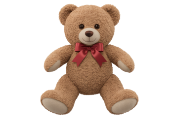 Adorable brown teddy bear with a red bow, sitting on a transparent background. background removed