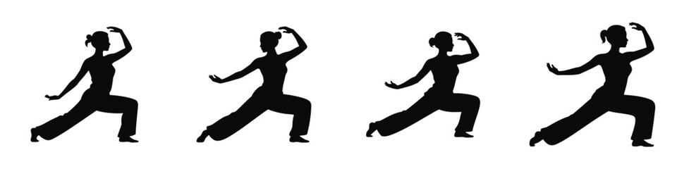 Silhouette of Woman Practicing Tai Chi – Female Martial Arts Pose, Meditation and Balance Exercise, Wellness and Relaxation Training, Fitness and Harmony Vector Illustration