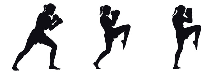 Silhouette of Female Kickboxer Training – Woman Practicing Muay Thai, Boxing and Martial Arts, Strong Female Fighter in Action, Fitness Workout and Self Defense Vector Illustration