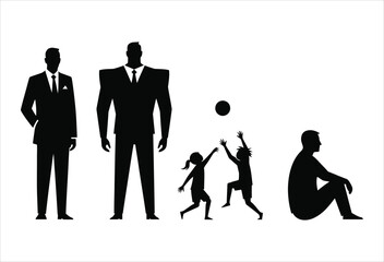 The stages of a mans life are depicted in a vector illustration, showing the transition from a suited businessman to a father and then to old age