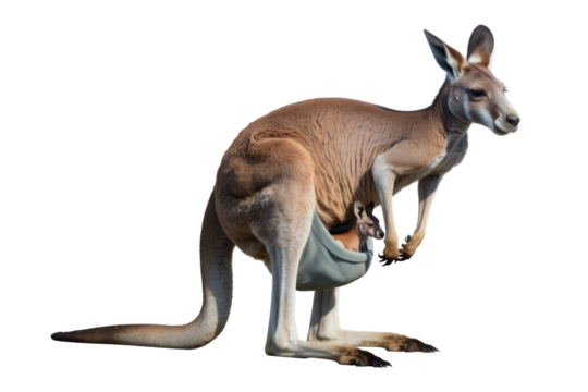 A red kangaroo mother protectively carries her joey in her pouch. background removed