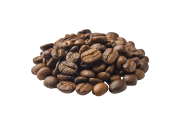 A close-up view of a pile of roasted coffee beans, rich brown in color, isolated on a transparent background. background removed