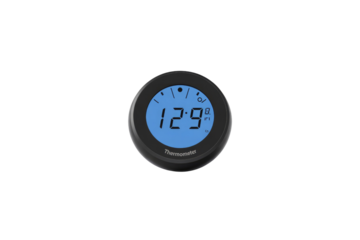 A black circular digital thermometer displays 12.9 degrees, Celsius and Fahrenheit. background removed