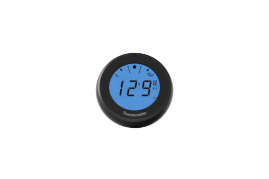 A black circular digital thermometer displays 12.9 degrees, Celsius and Fahrenheit. background removed