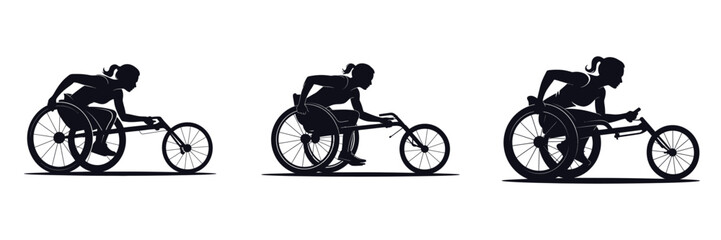 Naklejka premium Silhouette of Female Wheelchair Racer in Action – Woman Athlete Competing in Paralympic Sports, Strength, Determination, and Fitness Vector Illustration for Motivation and Disability Inclusion Design