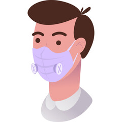 Portrait Of A Man Wearing A Light Purple Medical Face Mask With Two Valves and Brown Hair Against A Transparent Background