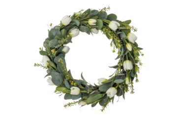 Elegant floral wreath of white tulips and eucalyptus leaves, perfect for spring or wedding decor. background removed