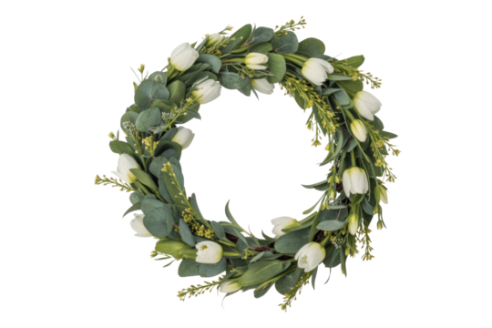 Elegant floral wreath of white tulips and eucalyptus leaves, perfect for spring or wedding decor. background removed - Powered by Adobe