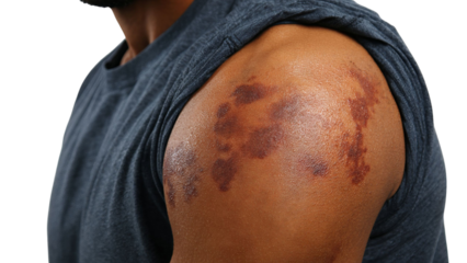 PNG of Close-up of a male with dark skin showing severe bruising on the shoulder, highlighting injury and recovery.