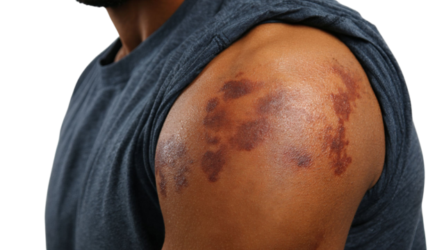 PNG of Close-up of a male with dark skin showing severe bruising on the shoulder, highlighting injury and recovery.