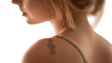 PNG of A close-up of a young Caucasian woman with a musical note tattoo on her shoulder, evoking a sense of artistic passion.