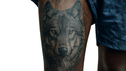PNG of Close-up of a man's leg showcasing a detailed black and gray wolf tattoo, highlighting intricate fur textures.