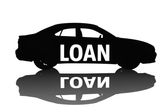 Black silhouette of a car with the word LOAN, reflecting in water. background removed