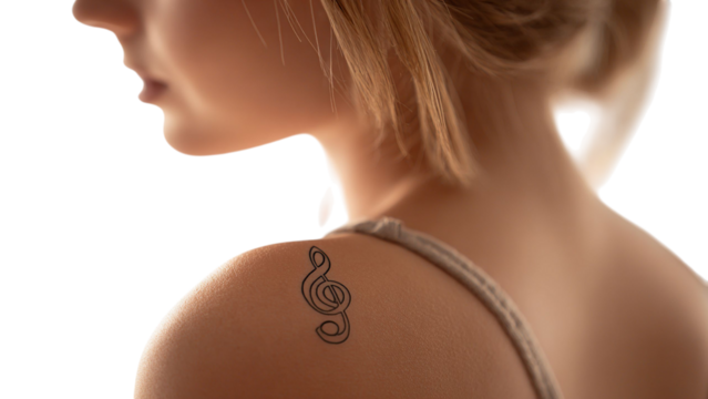 PNG of A close-up of a young Caucasian woman with a musical note tattoo on her shoulder, evoking a sense of artistic passion.