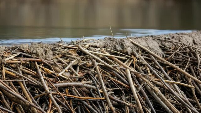 Close-up of beaver dam made sticks on river