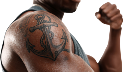 PNG of Muscular Black man flexing with an anchor tattoo on his shoulder, showcasing strength and confidence.