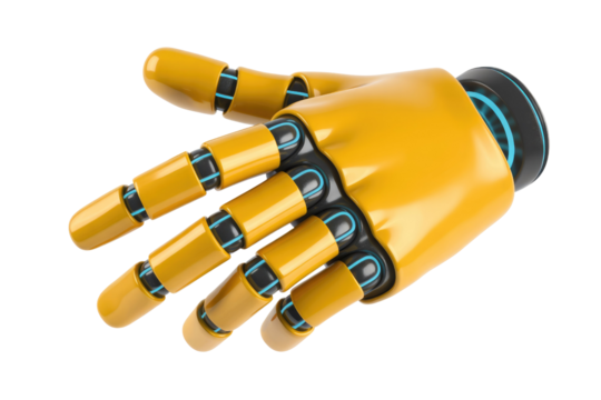 A 3D rendering of a yellow robotic hand with black and teal accents, in a welcoming gesture. background removed