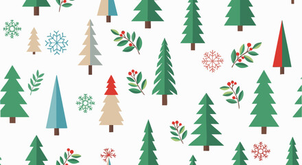 Obraz premium A festive, flat design seamless pattern featuring green Christmas trees, beige trees, red accents, snowflakes, and holly branches on a white background