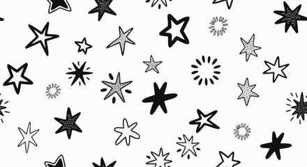 Fototapeta premium A playful, black and white seamless pattern featuring hand-drawn stars and abstract sparkle elements