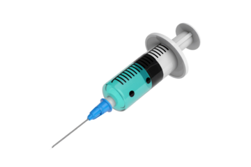 A 3D rendering of a syringe filled with light blue liquid, isolated on a transparent background. background removed