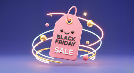 Obraz premium Black Friday sale tag illustration with playful smiley design against a vibrant purple background, modern concept of retail or marketing