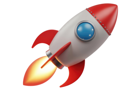 A cartoon rocket ship, red and white, with a bright orange flame, taking off against a transparent background. background removed - Powered by Adobe