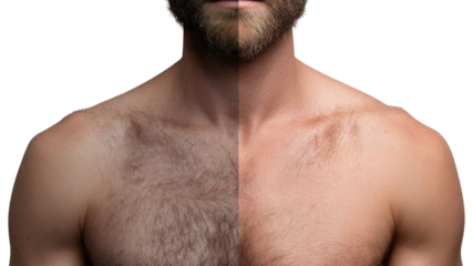 PNG of A split image of a male torso showcasing contrasting hair growth on each side, highlighting the before and after transformation.