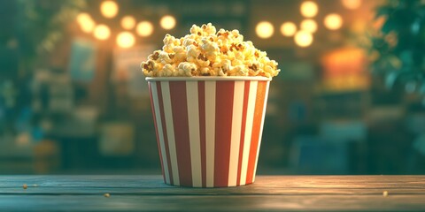 Perfectly popped popcorn in a striped bucket sits on a rustic wooden table at a cozy movie night