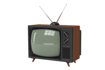 Vintage wooden television with rabbit ear antennas, a nostalgic symbol of retro technology. background removed