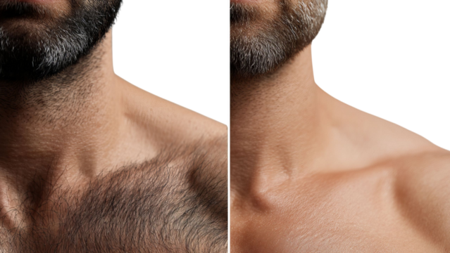 PNG of Close-up of a male's neck and chest area, showcasing different grooming styles with hair and skin texture differences.