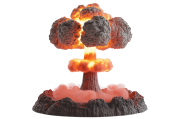 A realistic depiction of a nuclear explosion; mushroom cloud, fiery orange and gray tones. background removed