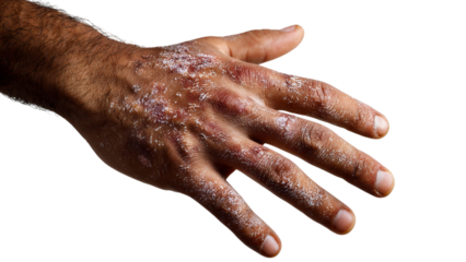 PNG of Close-up of a man's hand with a skin condition, showcasing dry, cracked patches and an uneven texture.