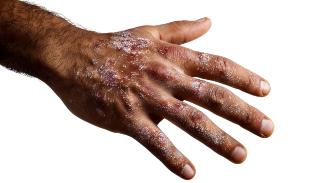 PNG of Close-up of a man's hand with a skin condition, showcasing dry, cracked patches and an uneven texture.