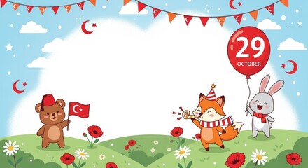 Naklejka premium Republic day celebration with festive animals and turkish flags on october 29th