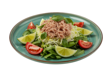 Delicious tuna salad with fresh greens, tomatoes, and lime wedges on a teal plate. background removed