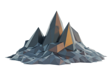 Low-poly 3D render of a mountain range with metallic peaks and a textured base. background removed