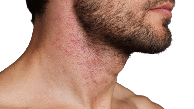 PNG of Close-up of a Caucasian male's neck with visible skin irritation and beard, showcasing texture and condition.