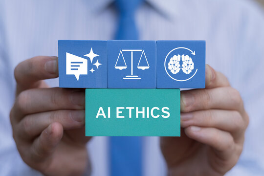 AI ethics and responsible artificial intelligence governance concept. Man holding blocks with icons sees the words AI ETHICS. Fair, safe, legal use of technology. Machine learning morality, principles
