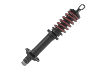 A 3D render of a black and red shock absorber with a coil spring, isolated on a transparent background. background removed
