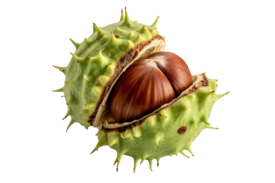 A partially opened chestnut burr reveals a shiny, brown chestnut seed inside against a transparent background. background removed