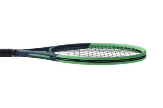 Close-up of a teal and mint green tennis racquet, isolated on a transparent background. background removed