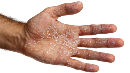 PNG of Close-up of a male hand with dry, cracked skin and visible texture, highlighting the effects of dryness.