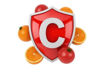 Vitamin C shield protected by oranges and tomatoes, representing immunity and health benefits. background removed