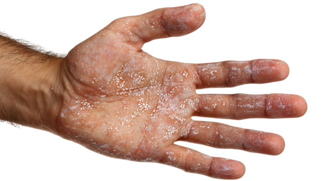 PNG of Close-up of a male hand with dry, cracked skin and visible texture, highlighting the effects of dryness.