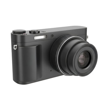 Sleek black digital camera with zoom lens on white background