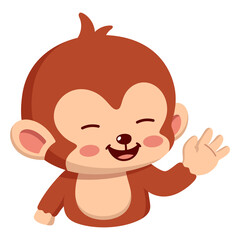 Cute Monkey Character With Brown Fur Waving Hand In A Cheerful Manner With Closed Eyes And Pink Cheeks And Transparent Background